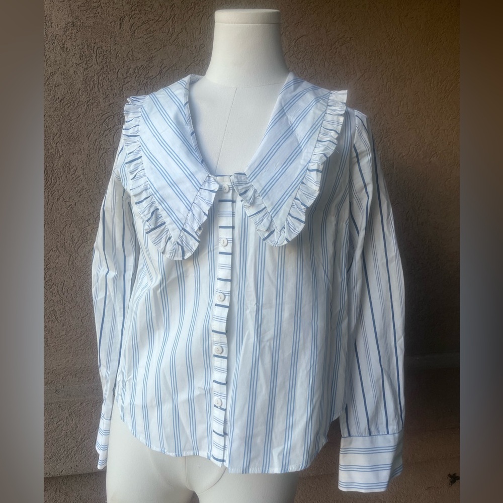 Anthropologie Maeve White & Blue Striped Ruffle-Collar Button-Down Blouse - Picture 2 of 6